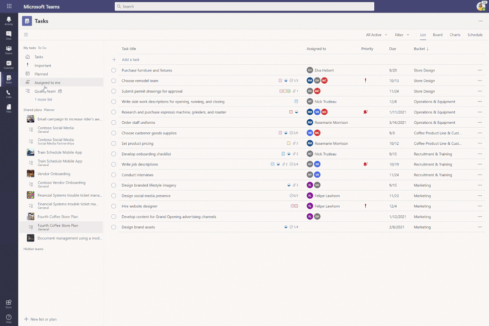 A screenshot of Microsoft Teams task management interface with various tasks listed.