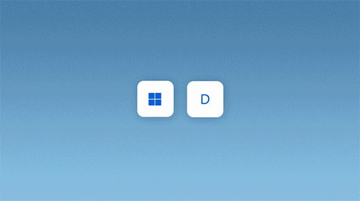 Animação que mostra o usuário pressionando a tecla do logotipo do Windows mais D para minimizar todas as janelas abertas