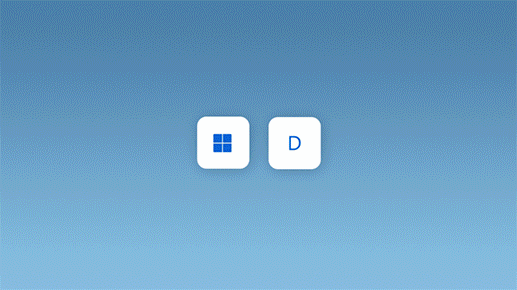 Анимация, показваща натискането на клавиша с логото на Windows заедно с D за минимизиране на всички прозорци