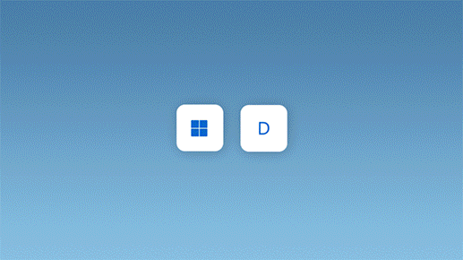 Animeringen visar hur man minimerar alla öppna fönster genom att trycka in tangenten Windows-logo samtidigt som D.
