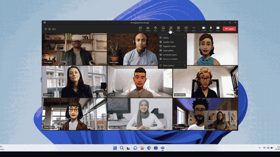 An animated video showing a group of people on a Microsoft video call and choosing a 3d immersive meeting environment.
