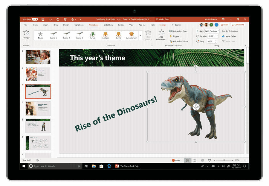 Pantalla de un dispositivo que muestra un dinosaurio animado en 3D en una presentación de PowerPoint.