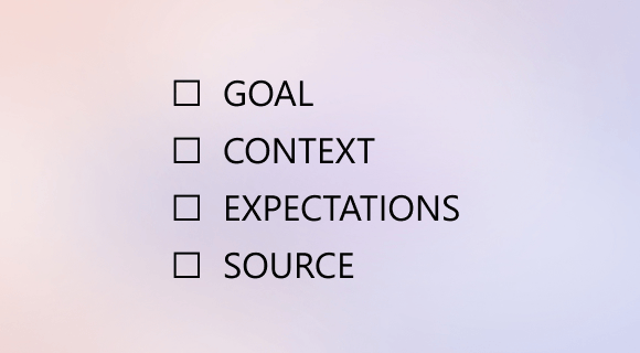 GIF of the words goal, context, expectations, and source with check boxes next to them.