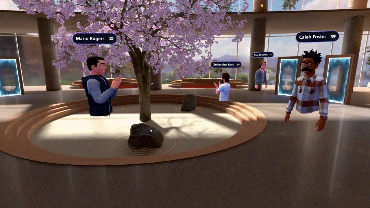 Een virtuele wereld van De Sims 3 met twee personen die voor een boom staan.
