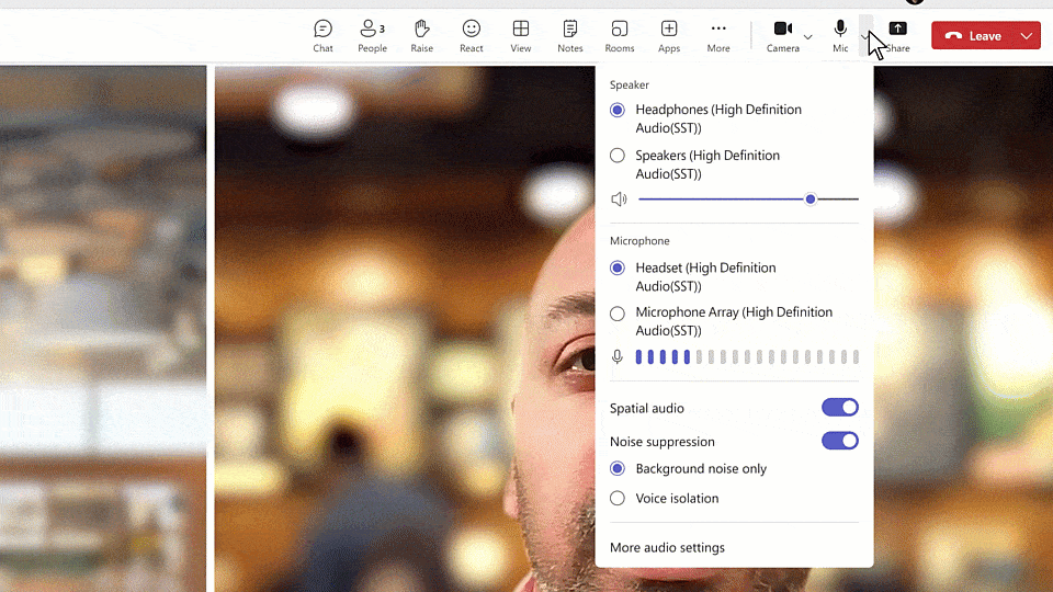 A video call interface shows a settings menu for audio controls, with options for speaker and microphone settings