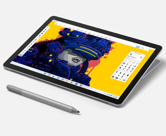 Surface Go 3 shown as a tablet with Surface Pen on the side with the Sketchbook app open on screen.
