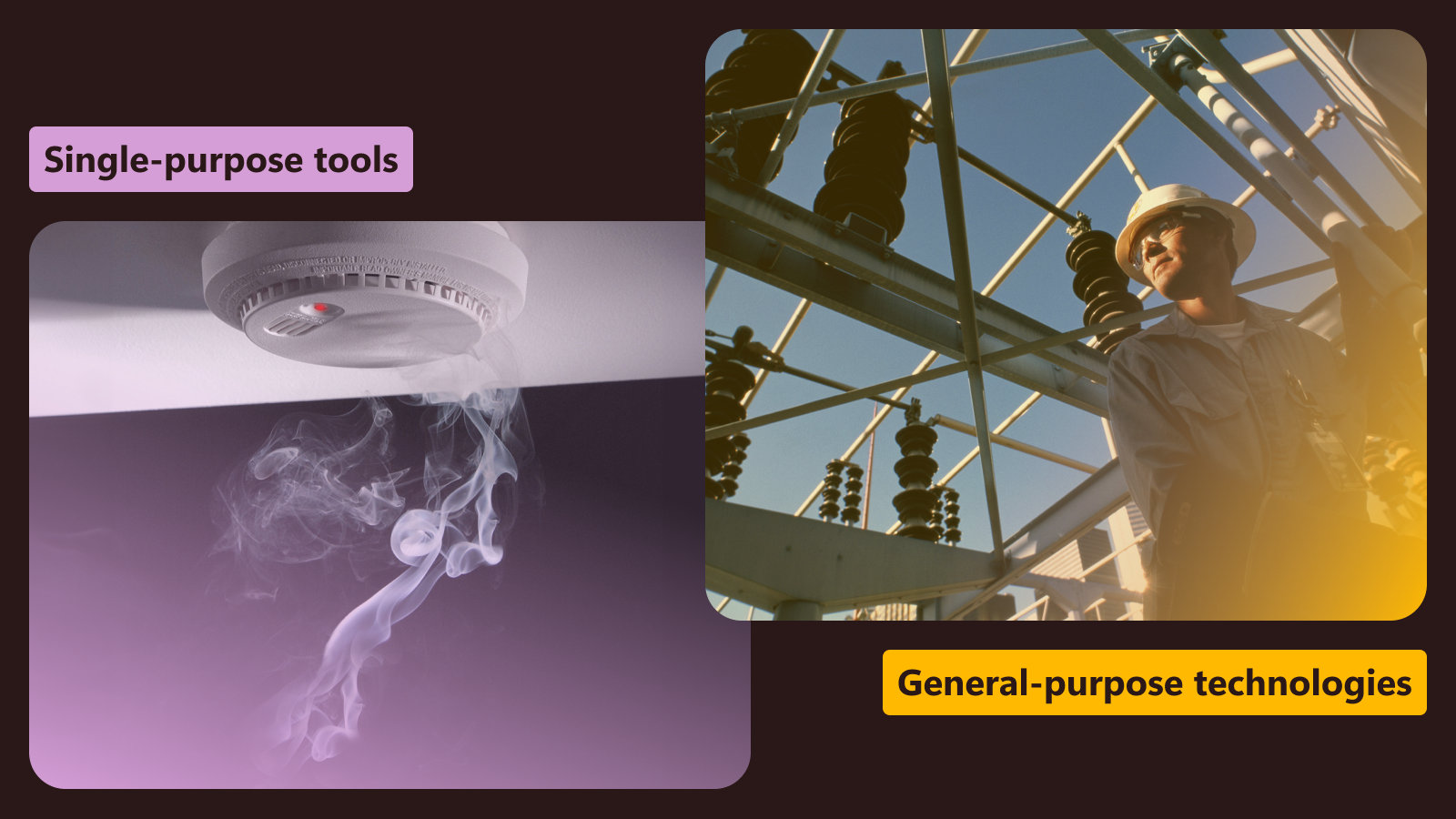 The words “single-purpose tools” with an image of a smoke detector alongside an image of a worker at an electrical substation with the words “General-purpose technology”.