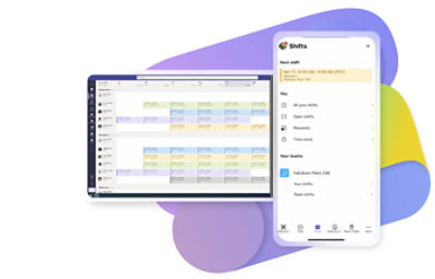 Un tablet su cui è mostrato il calendario dei turni in Teams e un cellulare su cui è mostrata la dashboard Turni in Teams. 