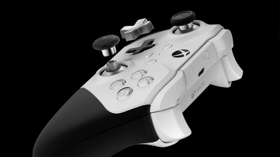 A side angle view of the Xbox Elite Wireless Controller Series 2 – Core, showing the interchangeable d-pad and thumbsticks available in the complete component pack. 