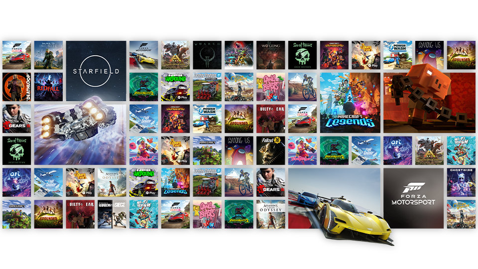 Mozaika obrazów przedstawiających gry dostępne za pośrednictwem Xbox Game Pass