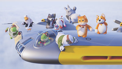 Characters from Party Animals on a flying craft