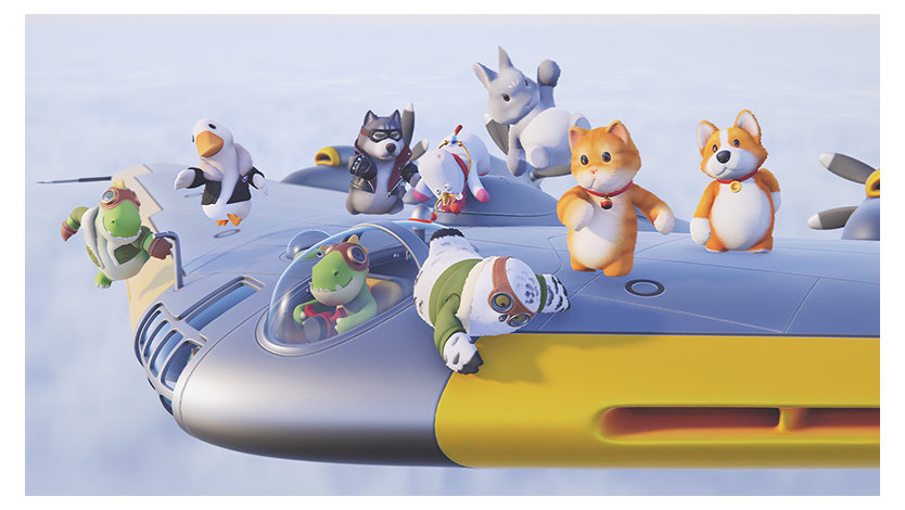 Characters from Party Animals on a flying craft