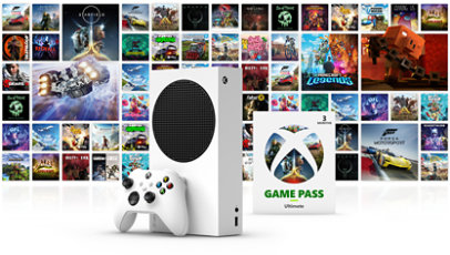 Una Xbox Series S con un mando de color Robot White y una tarjeta que dice Xbox Game Pass Ultimate, con un mosaico de portadas de juegos disponibles con Xbox Game Pass Ultimate en el fondo