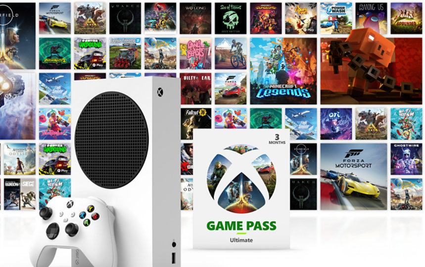 Xbox Series S avec manette Robot White et une carte Xbox Game Pass Ultimate, avec une mosaïque de photos représentant des jeux disponibles avec des Xbox Game Pass en arrière-plan