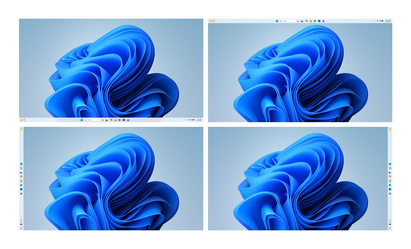 Windows 11 desktops with the taskbar positioned vertically on the bottom, top, left and right side of the screen.
