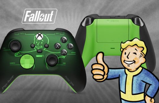 Fallout logo, front and back views of the Xbox Wireless Controller – Fallout Pip-Boy with Vault Boy giving a thumbs up in the foreground. 