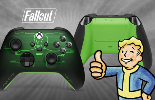 Fallout logo, front and back views of the Xbox Wireless Controller – Fallout Pip-Boy with Vault Boy giving a thumbs up in the foreground. 