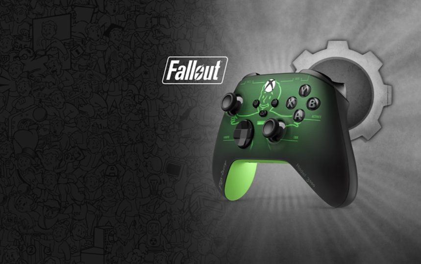 Fallout logo, Angled front view of the Xbox Wireless Controller – Fallout Pip-Boy 