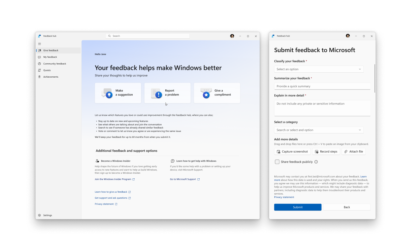 Feedback Hub app in Windows 11 showing the redesigned home screen and new feedback form.