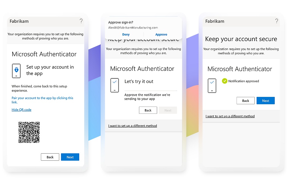 Three mobile displays showing the quick and easy setup of a new account with the Microsoft Authenticator app.