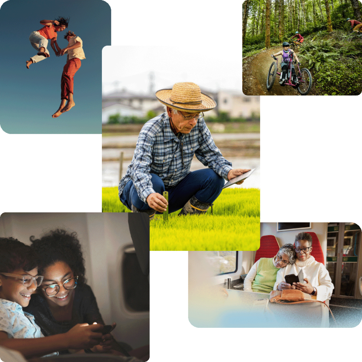 A collage of images showing a variety of people in a variety of settings being active and using technology for work and play.