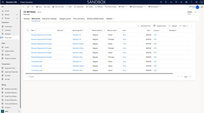 Screenshot of a billing rates page from a business management software showing various job roles and hourly rates.