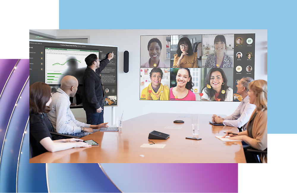 A group of professionals in a conference room engaging in a video call with diverse colleagues displayed on a large screen.
