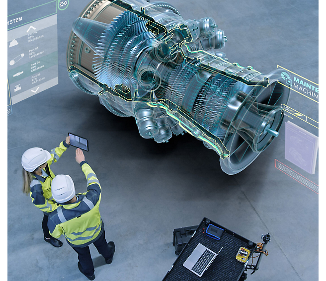 Két mérnök védősisakban egy nagy méretű, virtuális turbinamotor kijelzőjét vizsgálja egy táblagépen, holografikus kivetítésekkel.