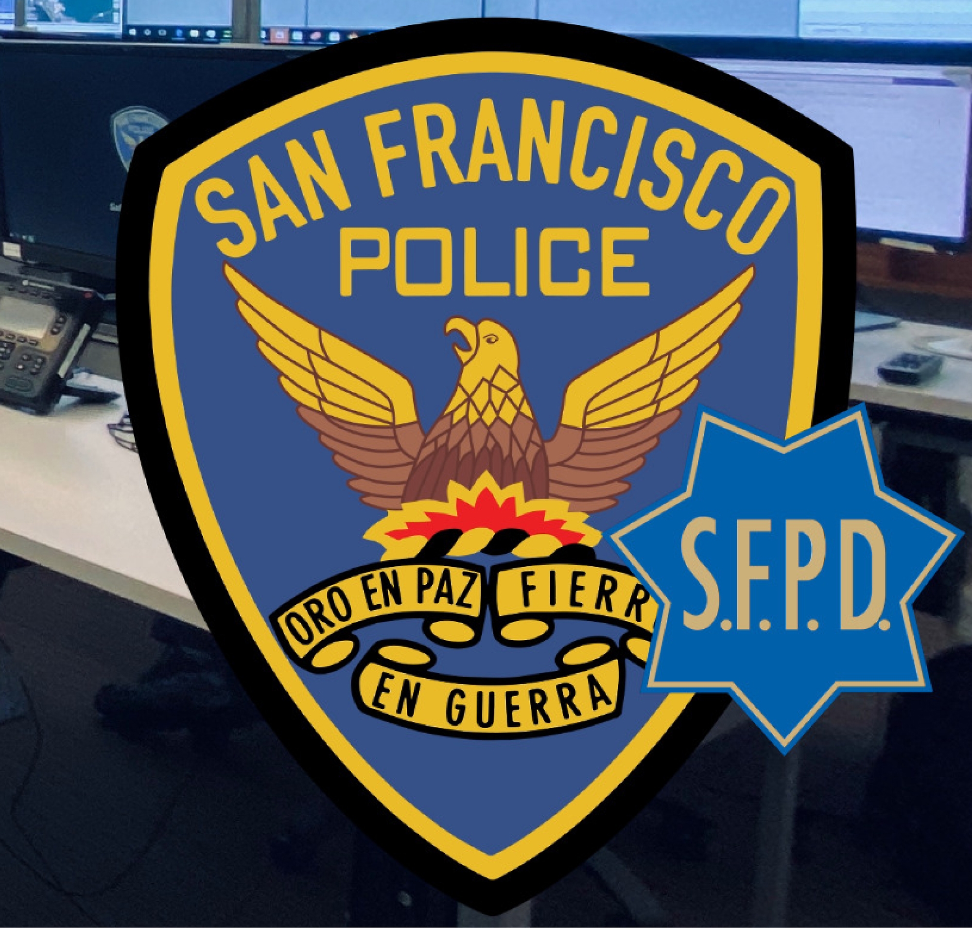 Distintivo del Departamento de Policía de San Francisco con el lema "oro en paz, fierro en guerra" contra un fondo borroso 