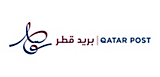 Sigla Oficiului poștal din Qatar cu caligrafie arabă stilizată și numele „qatar post” în limba engleză