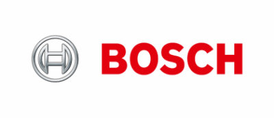 Logo of bosch featuring a silver stylized "h" in a circle on the left and the company name in red capital letters on the right.