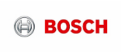 Logo of bosch featuring a silver stylized "h" in a circle on the left and the company name in red capital letters on the right.