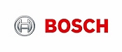 Logo of bosch featuring a silver stylized "h" in a circle on the left and the company name in red capital letters on the right.