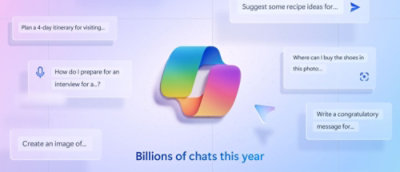 数字聊天界面的彩色图形，显示带有各种询问的信息气泡，今年的聊天次数达数十亿次。