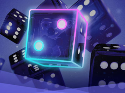 A neon-lit dice partly transparent with inner lights, surrounded by various other dice in mid-air 
