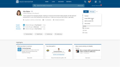 Screenshot of a LinkedIn profile in Sales Navigator with the "Message" option highlighted under the "Save" dropdown menu