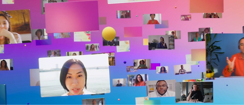 Collage of diverse people on digital screens, varying in age and ethnicity, against a background of colorful geometric shapes.