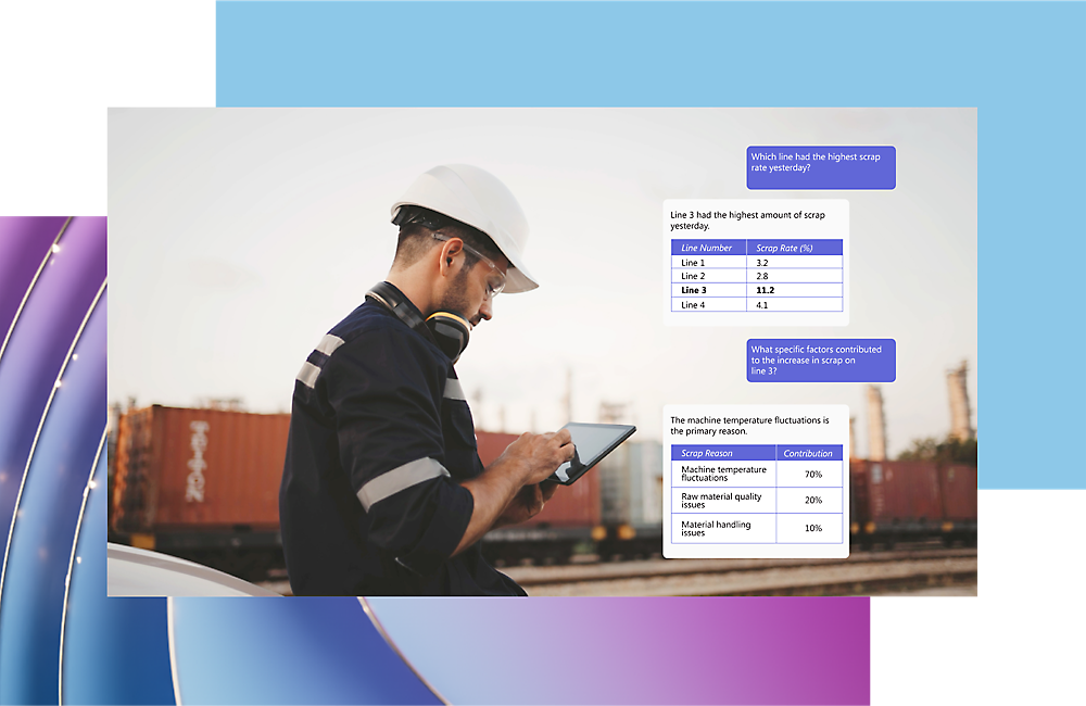 Engineer reviewing data on a tablet at a rail yard.