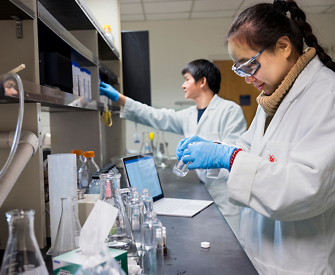 Två forskare som arbetar i ett laboratorium och hanterar experimentell utrustning och prover.