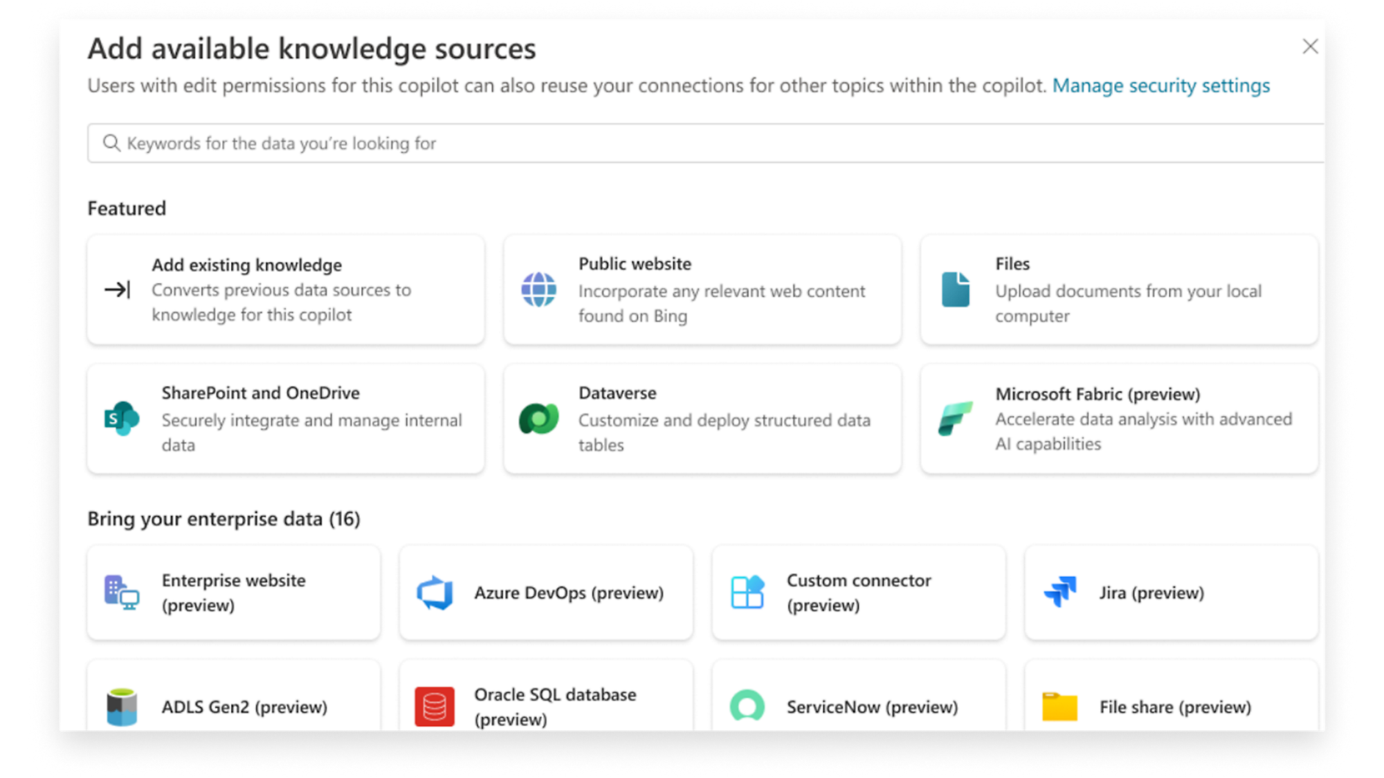 Add knowledge sources, integrate SharePoint, OneDrive, Dataverse, Files, and more for copilot's data enrichment