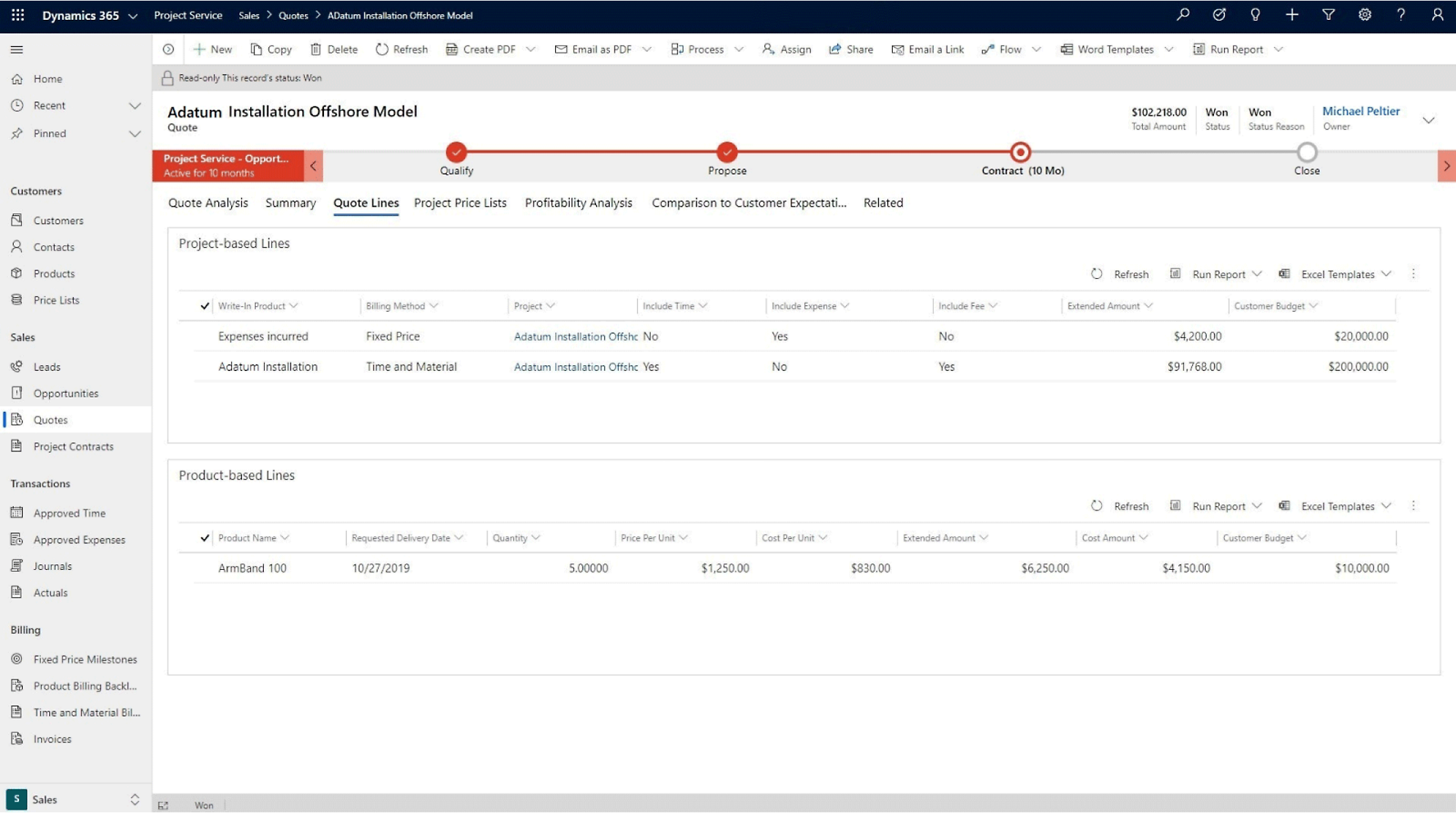 Screenshot di un'interfaccia computer che visualizza un'applicazione di gestione dei progetti con tabelle che illustrano in dettaglio le offerte dei clienti