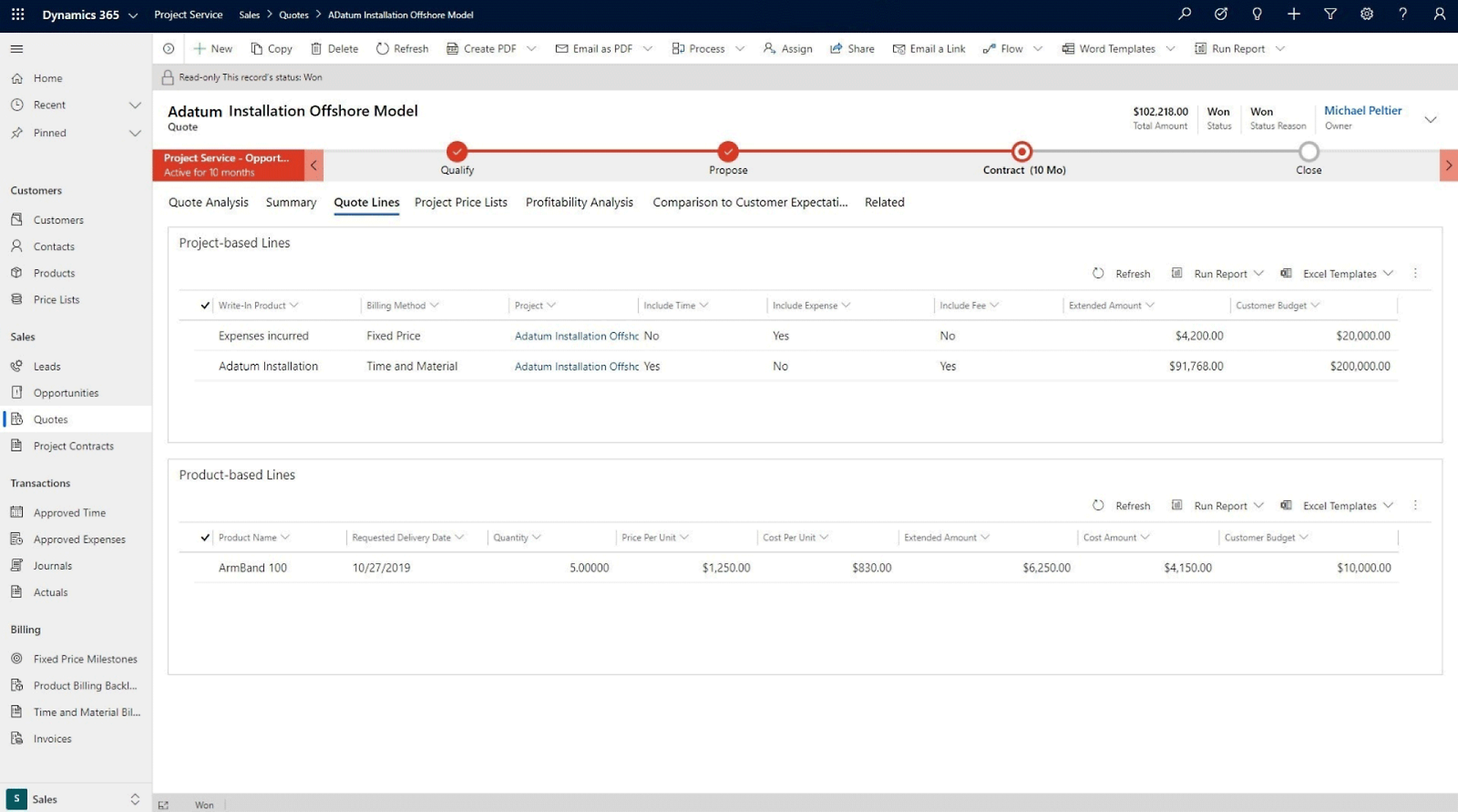 Captura de pantalla de una interfaz de equipo que muestra una aplicación de administración de proyectos con tablas que detallan las comillas de los clientes