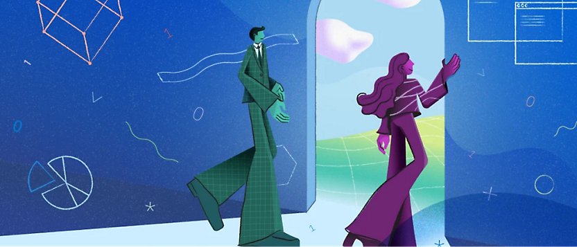 Illustration of a man and woman walking through separate doorways into different colorful, abstract environments.