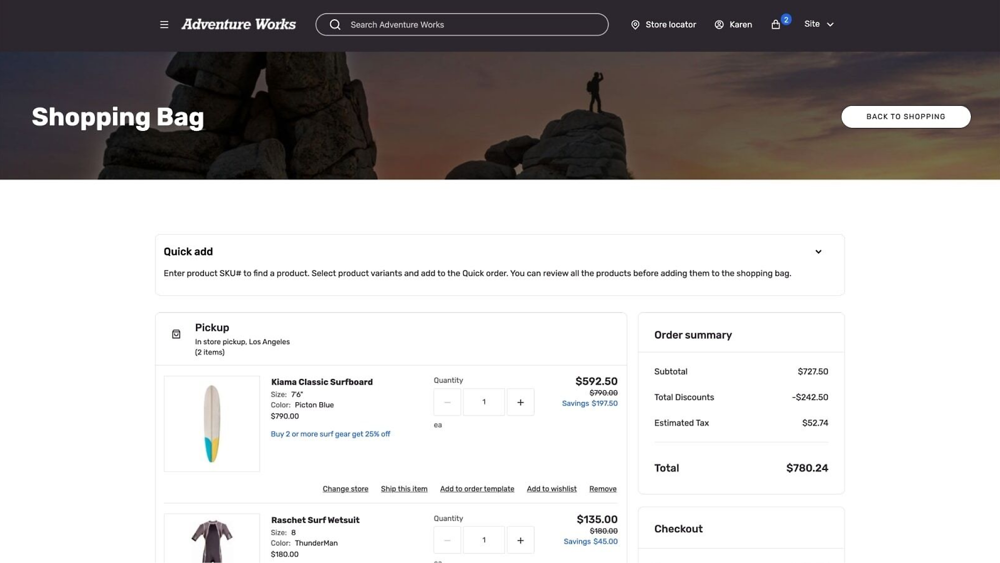Adventure Works 購物頁面，顯示產品詳細資料、訂單摘要、折扣和結帳選項