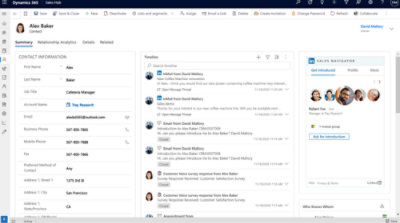 Screenshot of a CRM interface displaying contact information for Alex Baker, a communication timeline, and a Sales Navigator panel