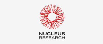 Red abstract circular logo design above the text "nucleus research".