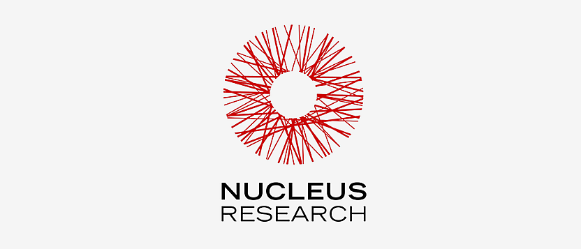 Progettazione di logo circolare astratto rosso sopra il testo "nucleus research".
