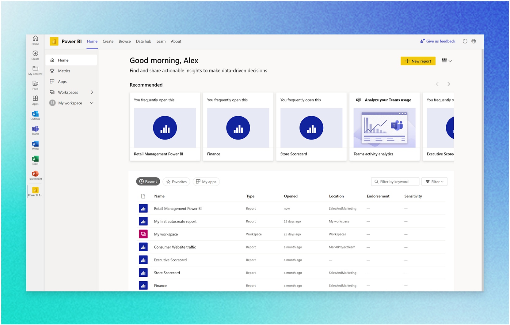 Power BI Home with options to create, browse, and view data hubs, featuring recent reports and workspaces.