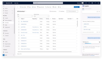 Dynamics 365 Sales Hub offre différentes fonctionnalités, notamment l’accueil, la recherche, la tâche graphique, le courriel, le rendez-vous, la télécopie de lettres, Copilot