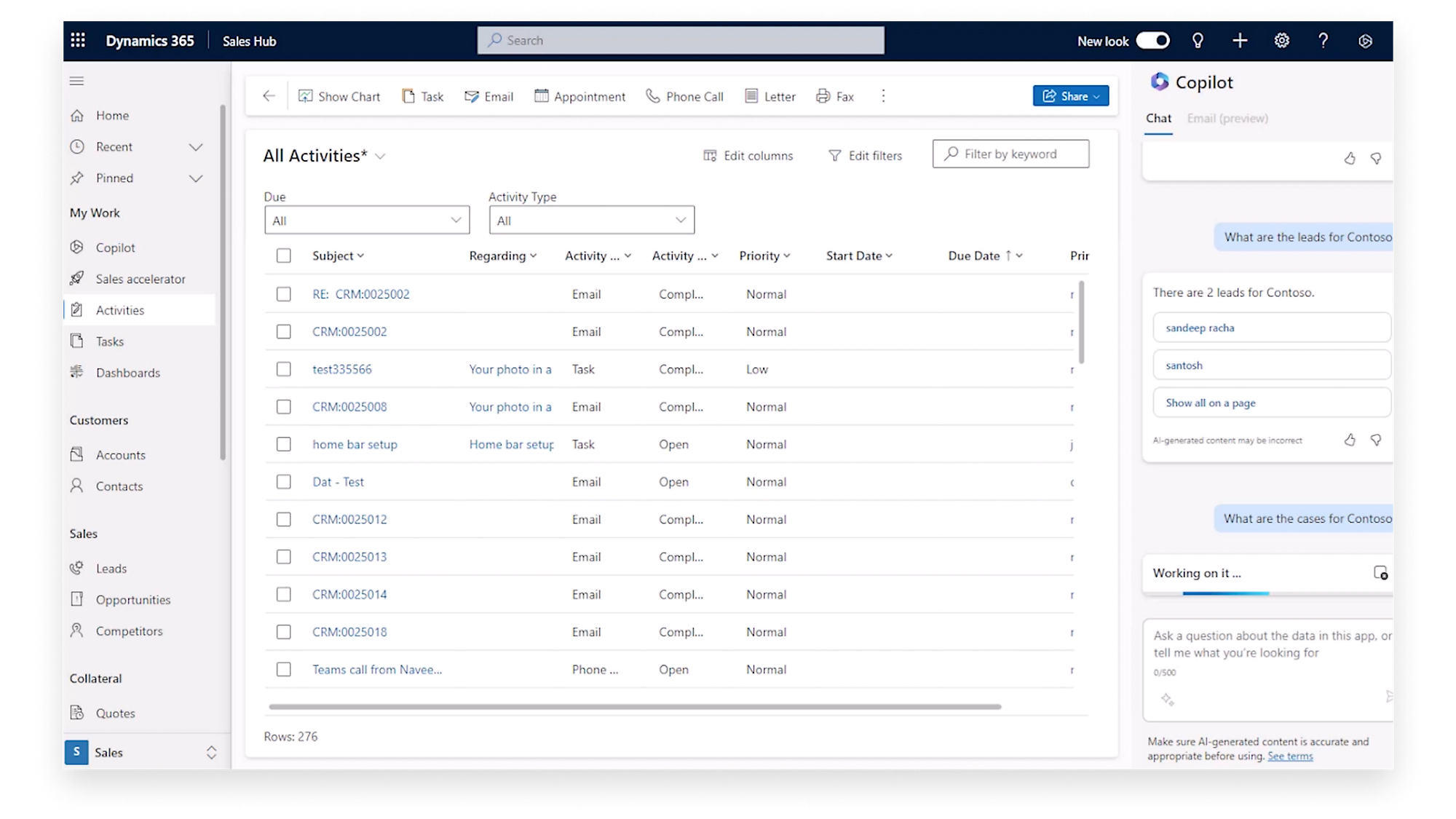 Dynamics 365 Sales Hub offers various features including Home, Search,Chart Task,Email, Appointment,Letter Fax,Copilot